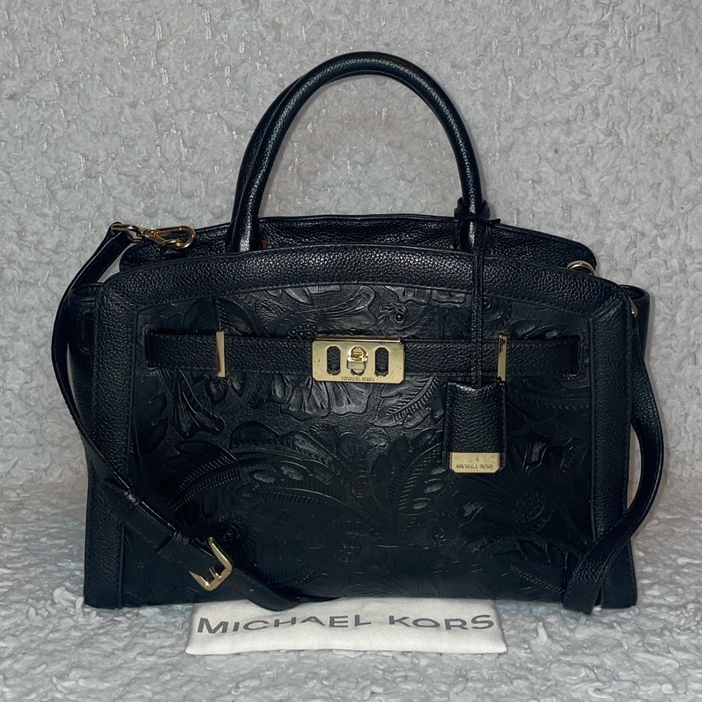 Michael Kors Karson Floral Embossed Leather Large Satchel Bag in Black
